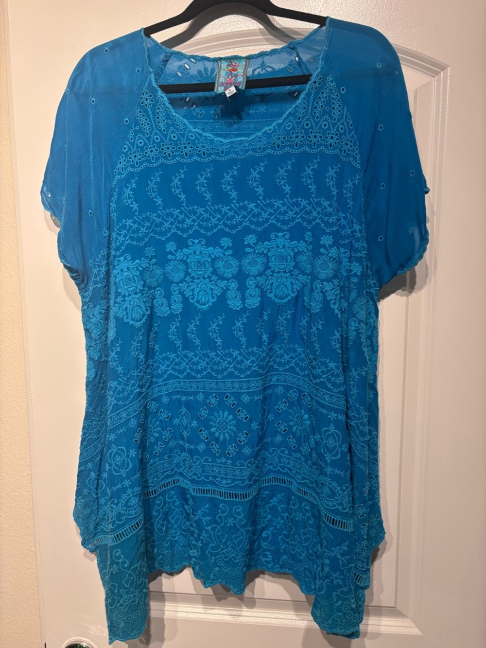 Johnny Was Teal Embroidered Short-Sleeve Tunic